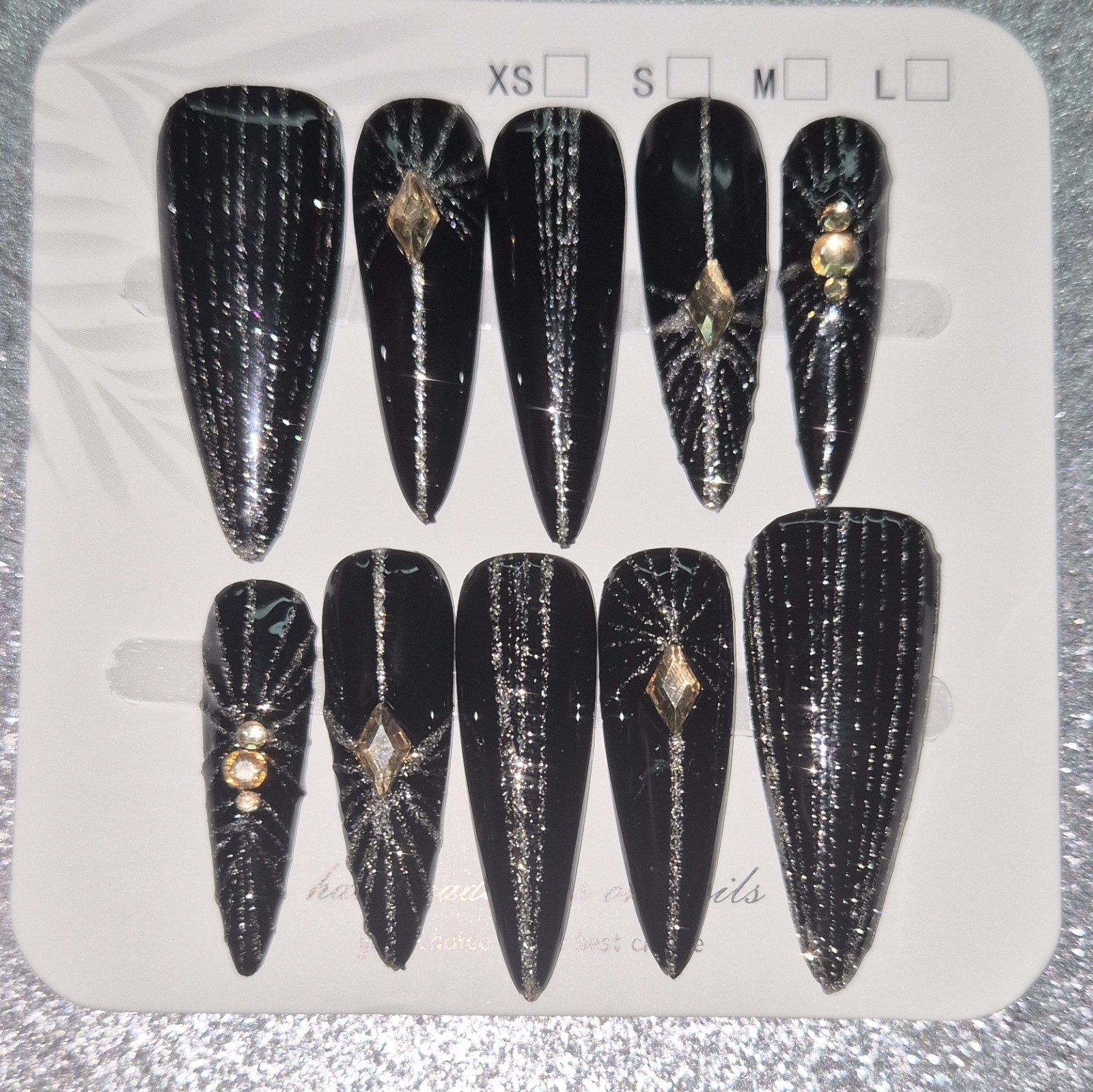 Black Silver Glitter 3D Rhinestone Coffin Press-On Nails Set Full Cover Long