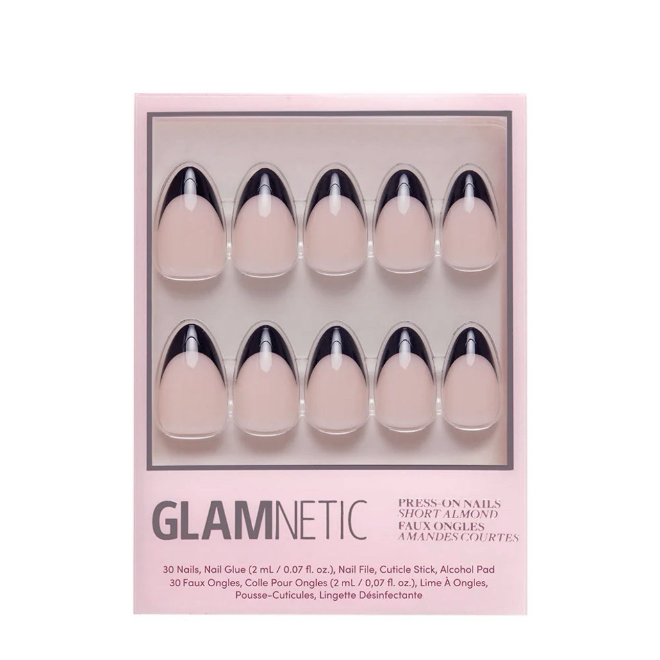 NEW FULL SET GLAMNETICS Press On Nails CAVIAR Short Almond Black FRENCH TIPS