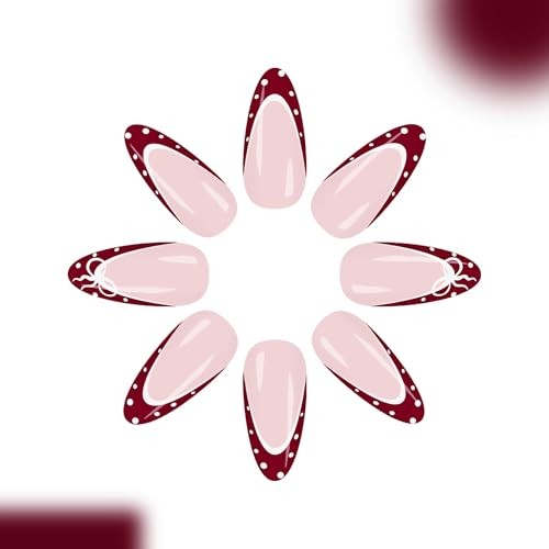 Press on Nails Medium Almond Fake Nails Burgundy Red Glue on French Tip BNY114