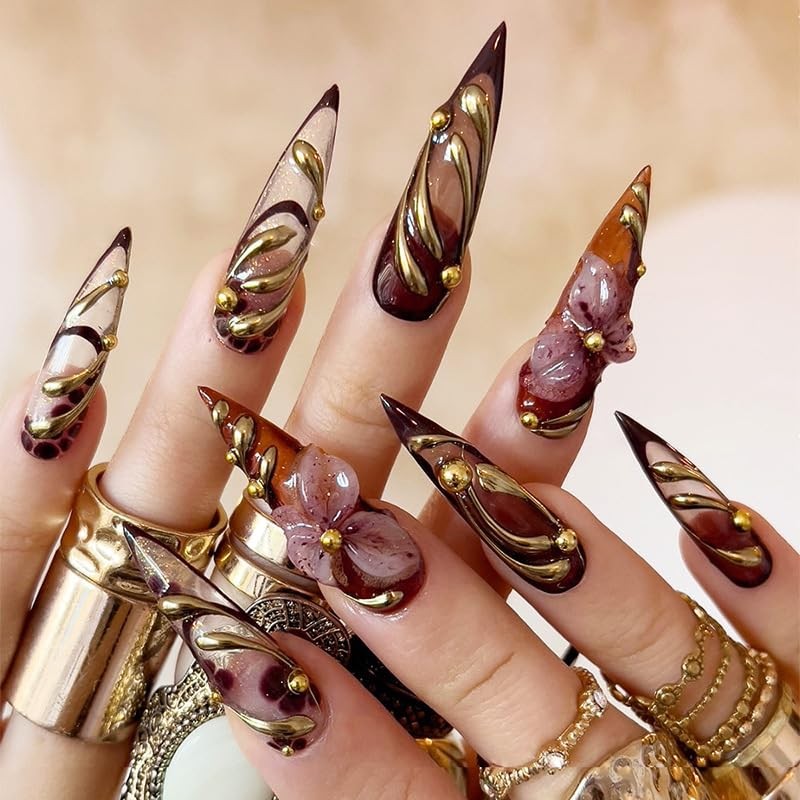 24Pcs Claret Flower Press on Nails Long Medium Almond Fake Nails with 3D Gold…