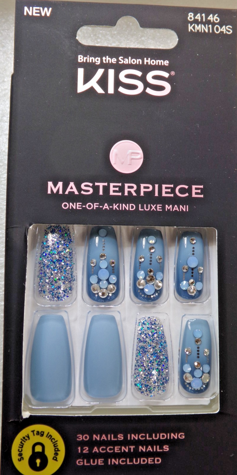 KISS Masterpiece NAILS GLUE ON LONG- Shiny & Matte Blue with Gems