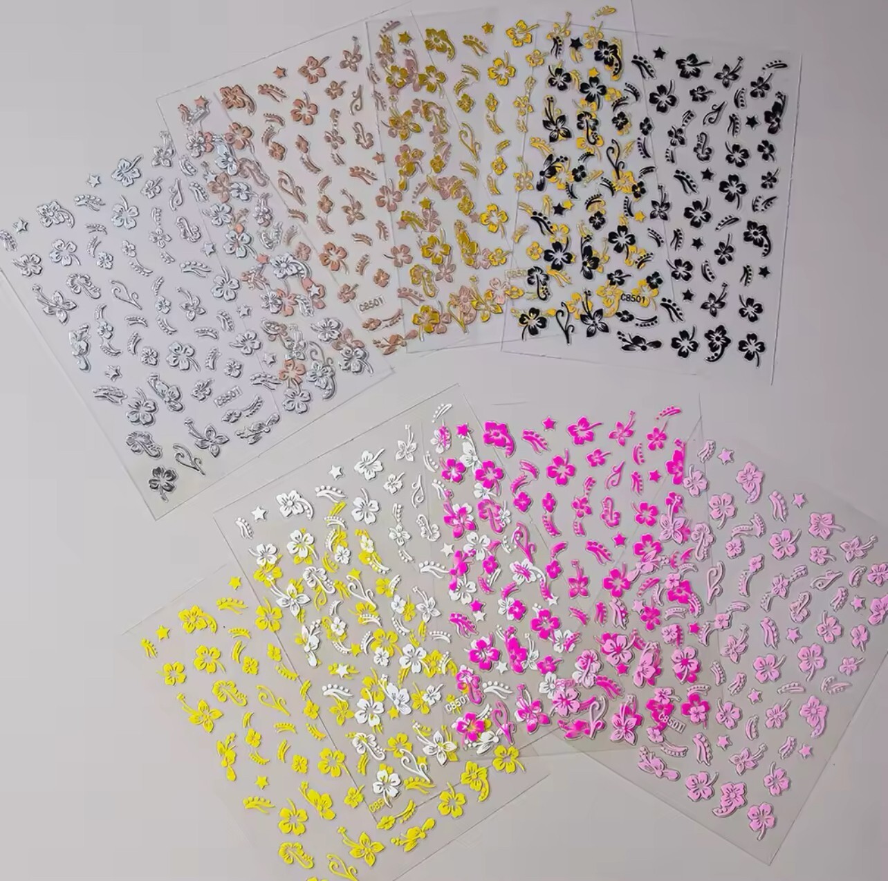 Nail Art Stickers Transfers Spring Summer Flowers Pink Silver Gold Black C8501