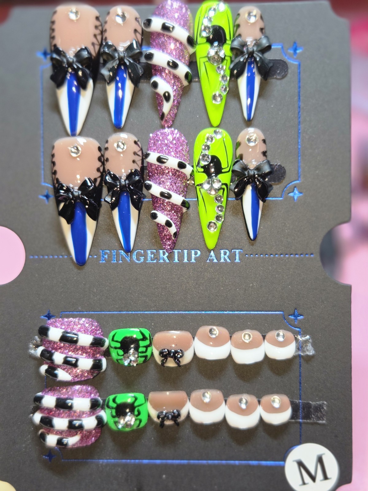 Press On Nails Handmade Medium Almonds, Halloween, Beetlejuice, Matching Toenail