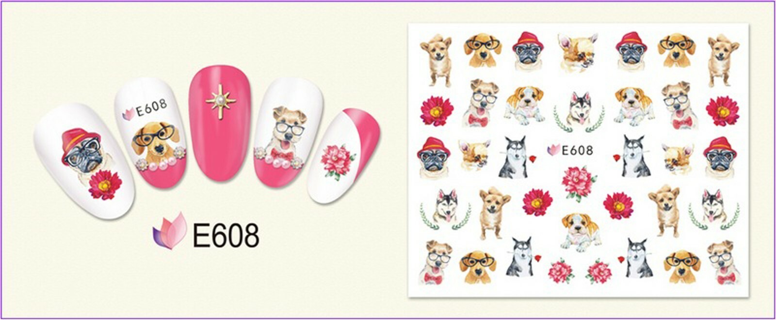 Nail Art 3D Decal Stickers Funny dog in glasses red flowers E608