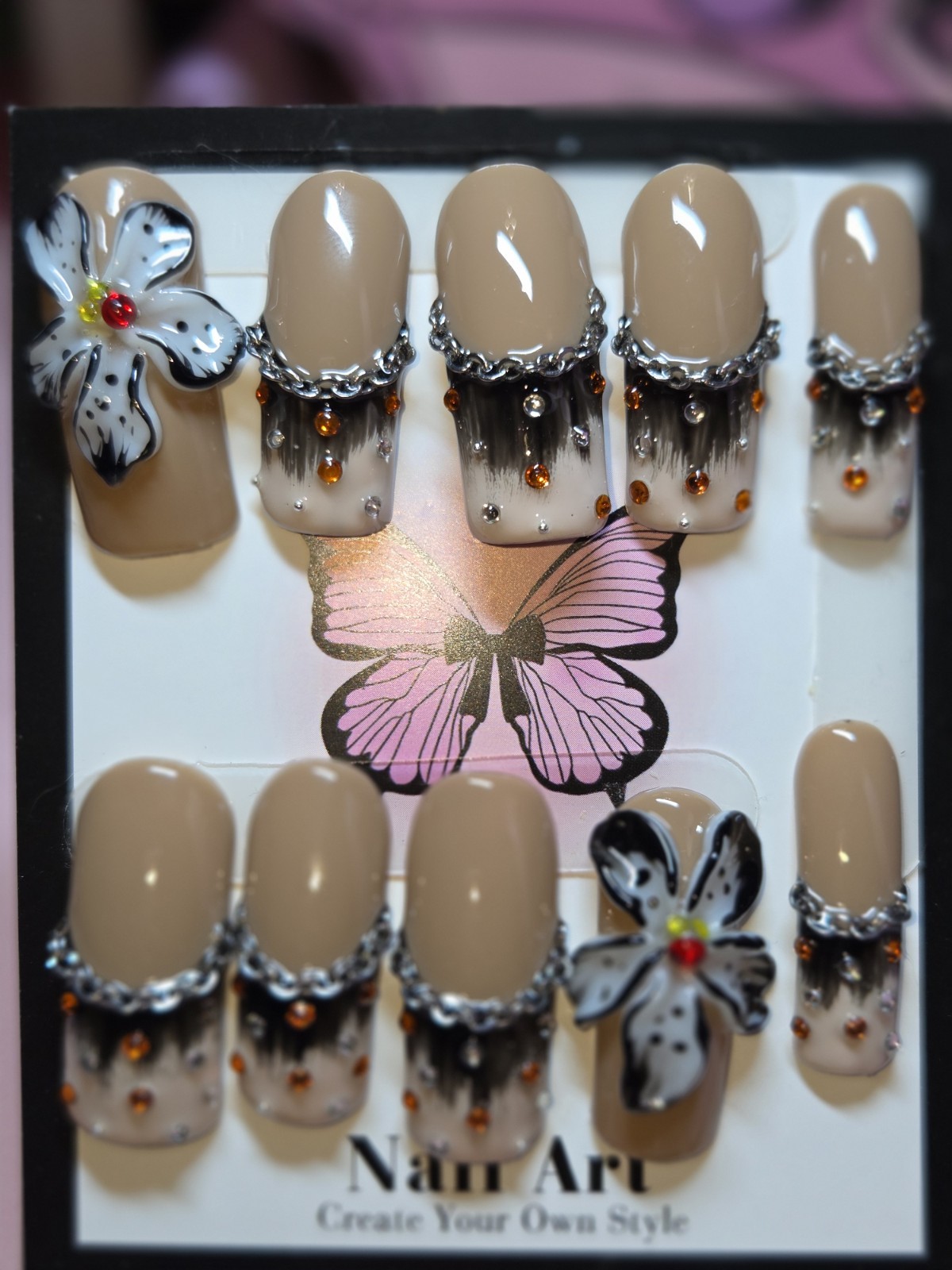 Press On Nails Handmade Large Curvenails Nude black French tip, Matching Flowers