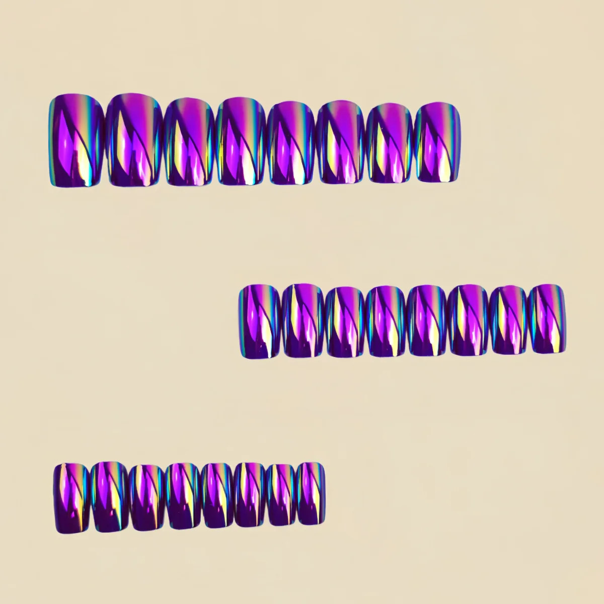 Purple Blue Pink Electric Plated Press On Nails Short Medium Glossy Square Fake
