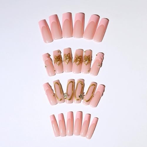 Long Press on Nails Square Fake Nails French Tip False Nail swith Gold CQCF01-1