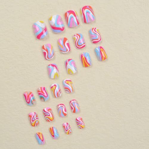 Press on Nails Square Short 24Pcs Press on Nails with Colorful Wavy Line