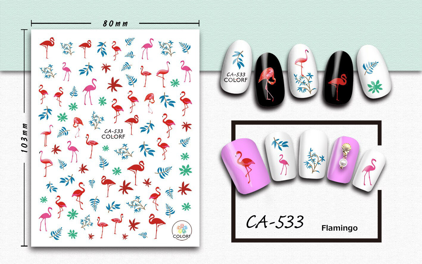 Nail art 3D stickers decal pink flamingo blue green leaves CA533