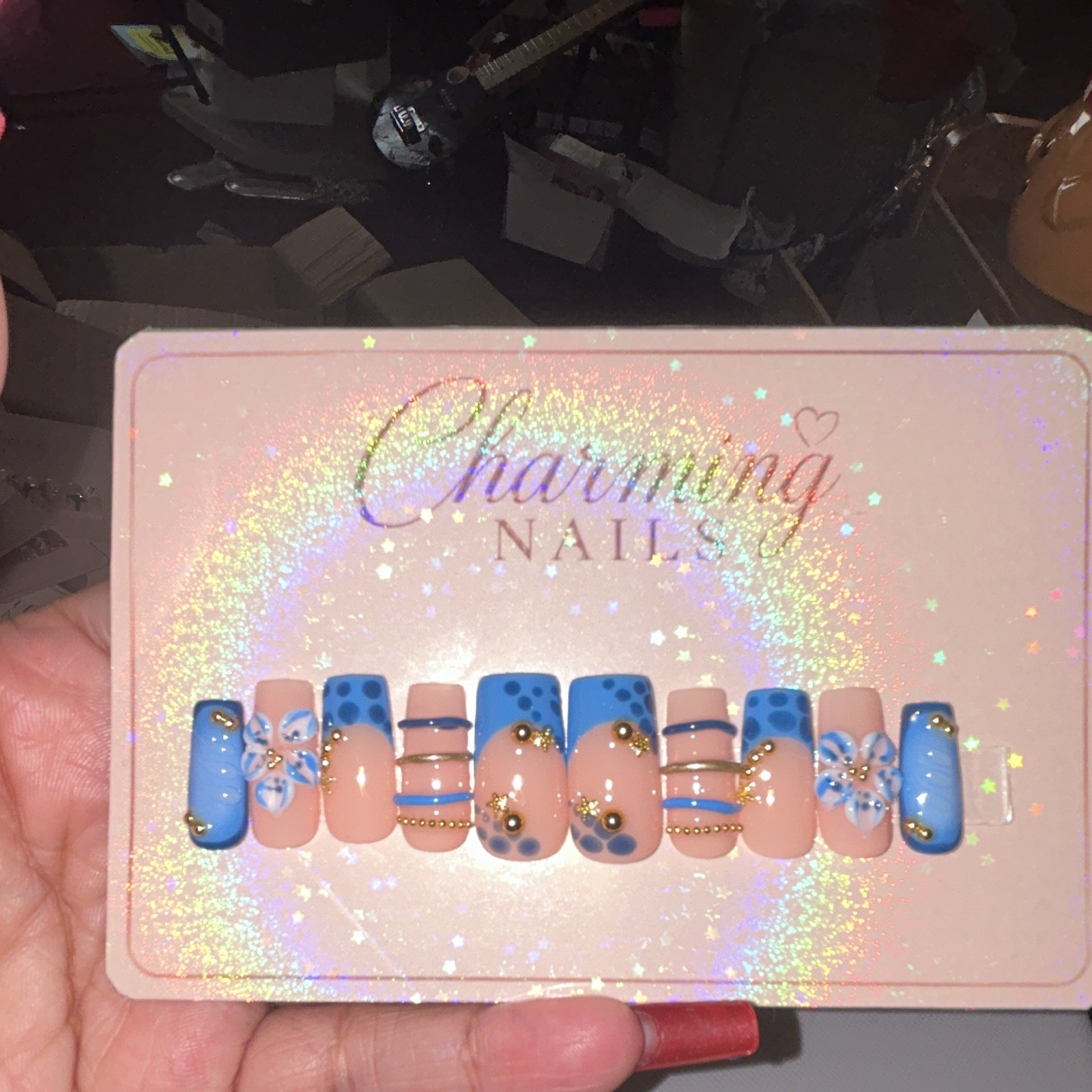 Charming Nails Press-On Nails Medium Square Acrylic Blue/Nude Floral Glitter