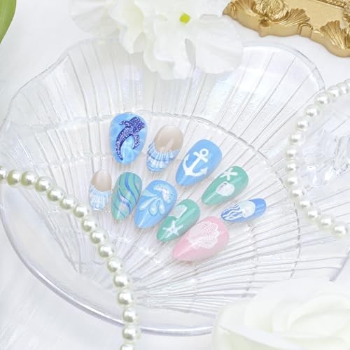 24Pcs Cute Summer Press on Nails – Short Almond French Tip – 3D Ocean-22