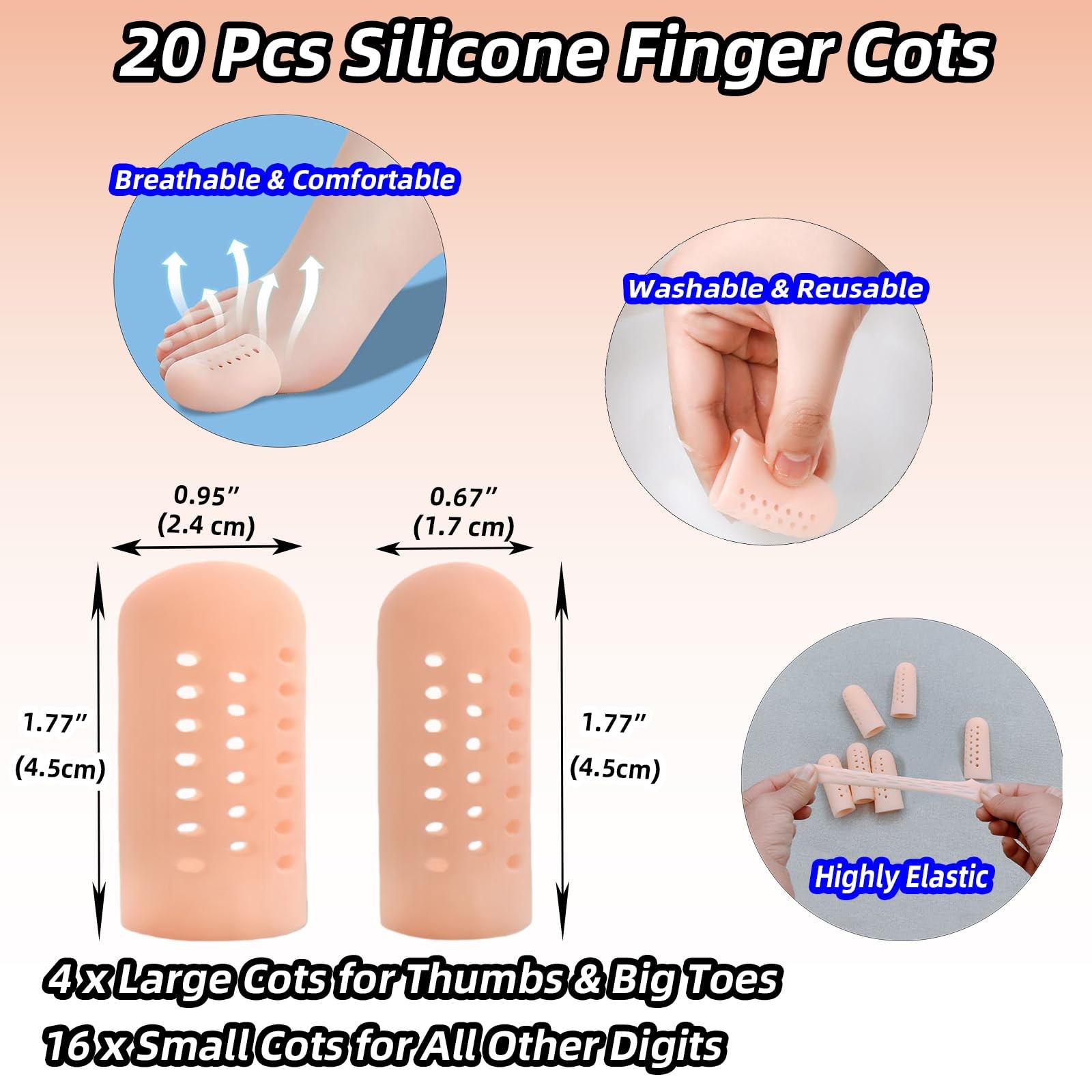 Gel Finger Cots 20 Pcs with Air Holes, Silicone Finger Protectors & Thumb Guards
