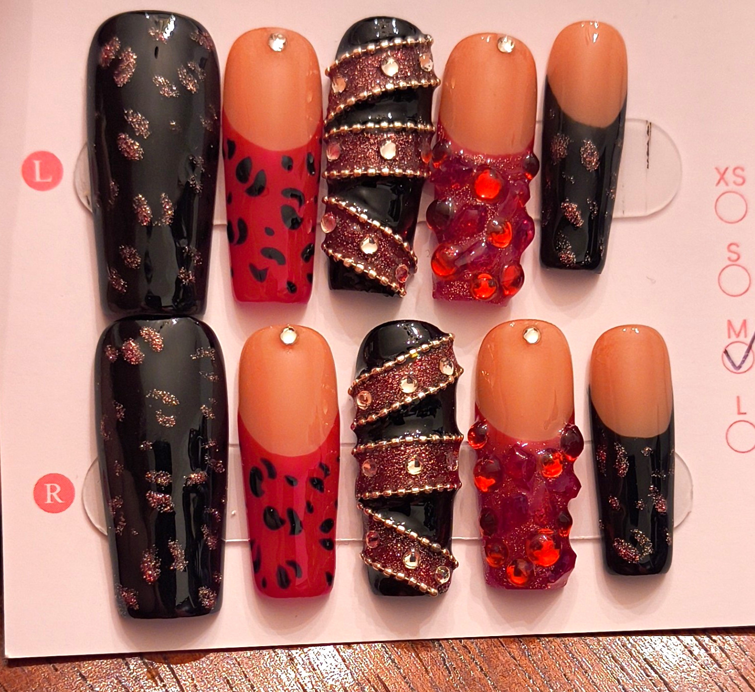 Ricky Nails Press-On Nails Medium Square Black Nude Red Glitter 3D Leopard