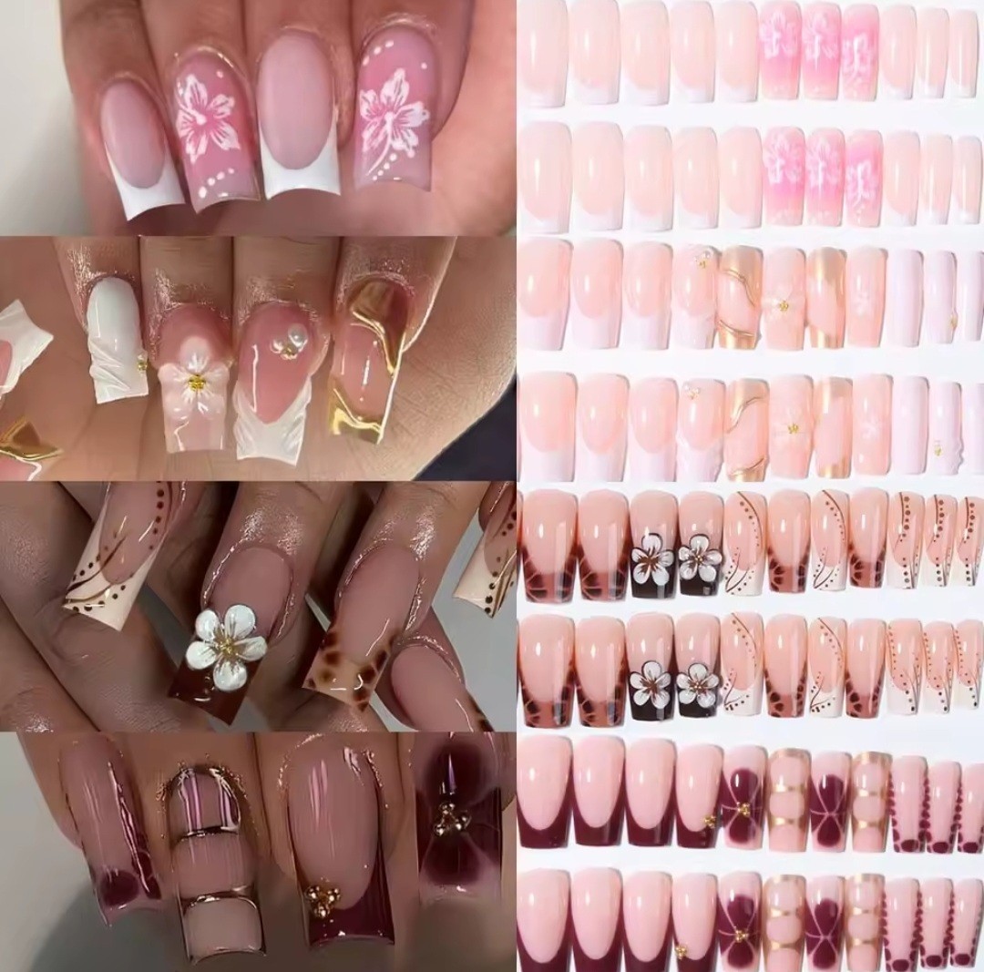 4in1 Luxury Press On Nails Set – 3D Flower Pearl Design French Long Coffin Nails