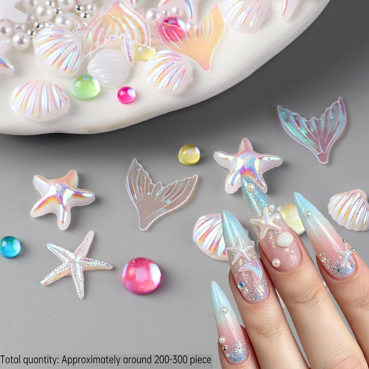 200Pcs 3D Aurora Beach Nail Charms Set Summer Ocean Nail Art Charms with Mermaid