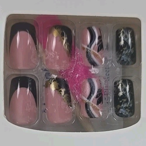 24pcs Short Square Black French Tip Press On Nails Kit with Gold Foil & Marble