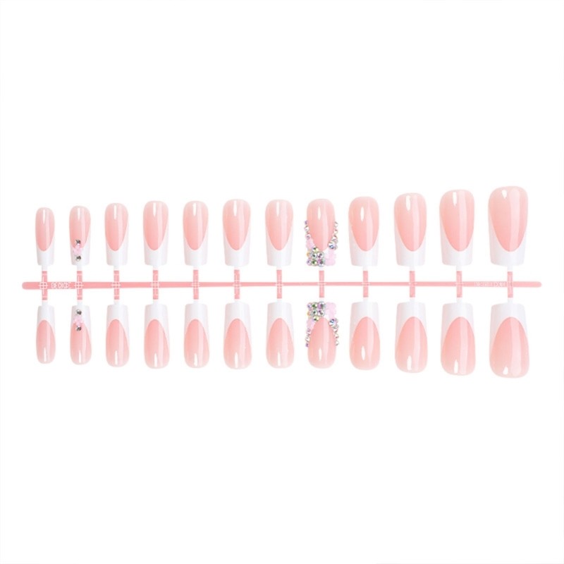 Unique 24Pcs Square Press On Nails with White French Tips and Embellishment