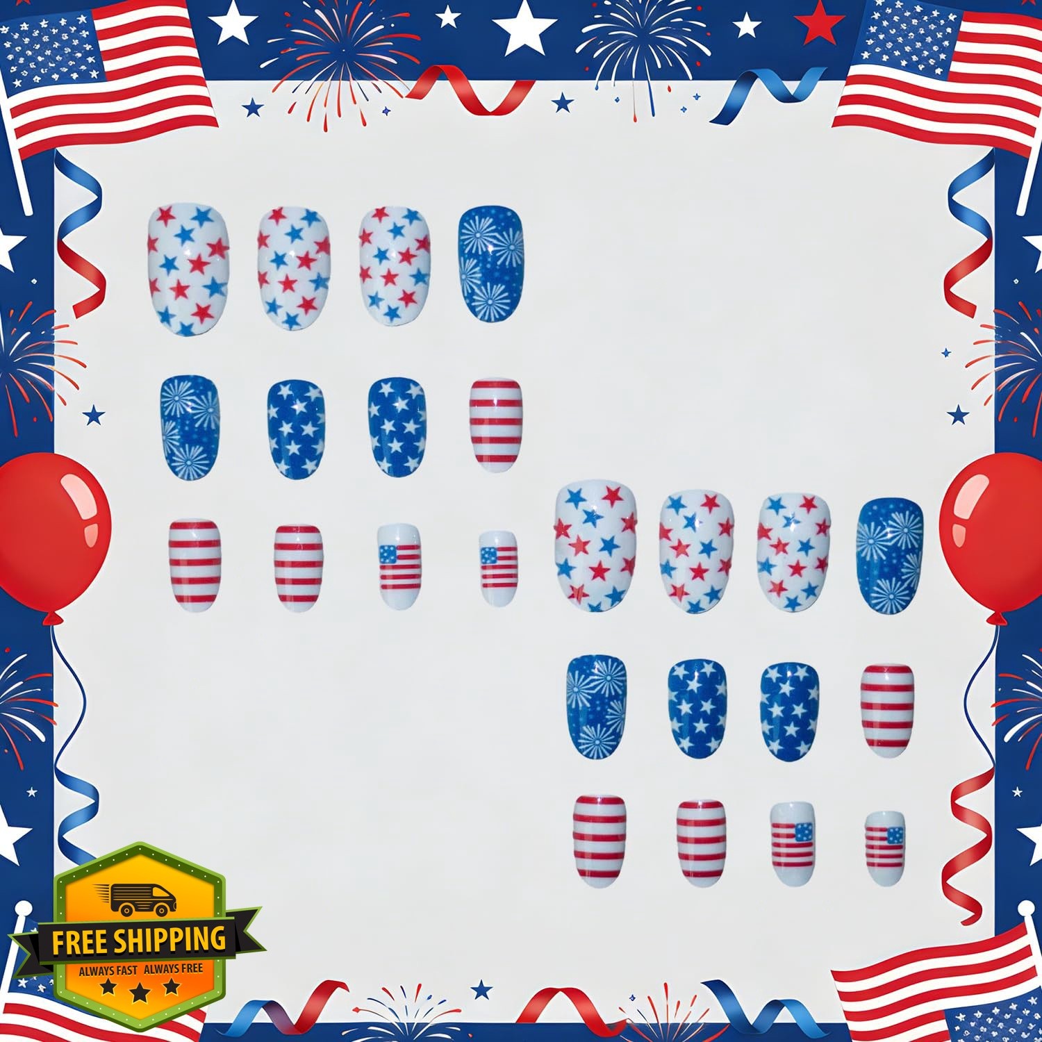 TBRZTR 4th of July Oval Press on Nails Fireworks Stars