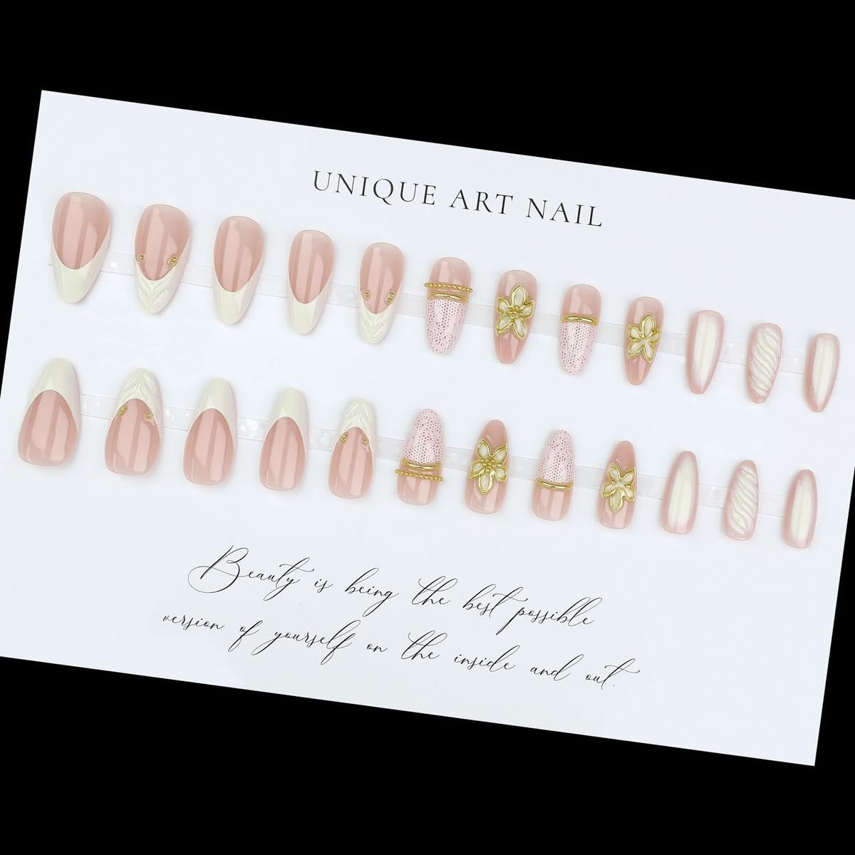 White French Tip Press on Nails Medium Almond Fake Nails with Lace and 3D Scu…