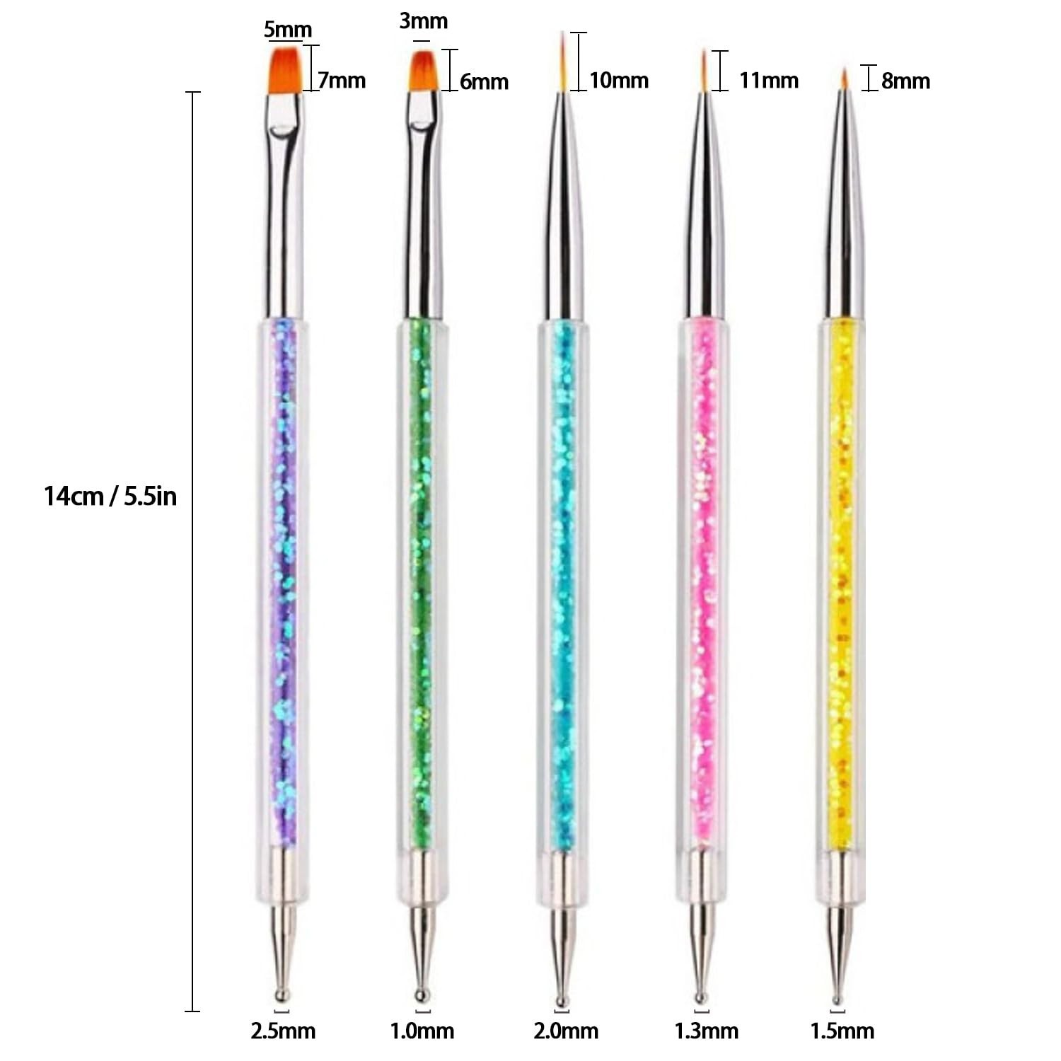 Nail Art Brushes, 5pcs Double-Ended Acrylic Nail Brush Including 7/9/11mm Nai…