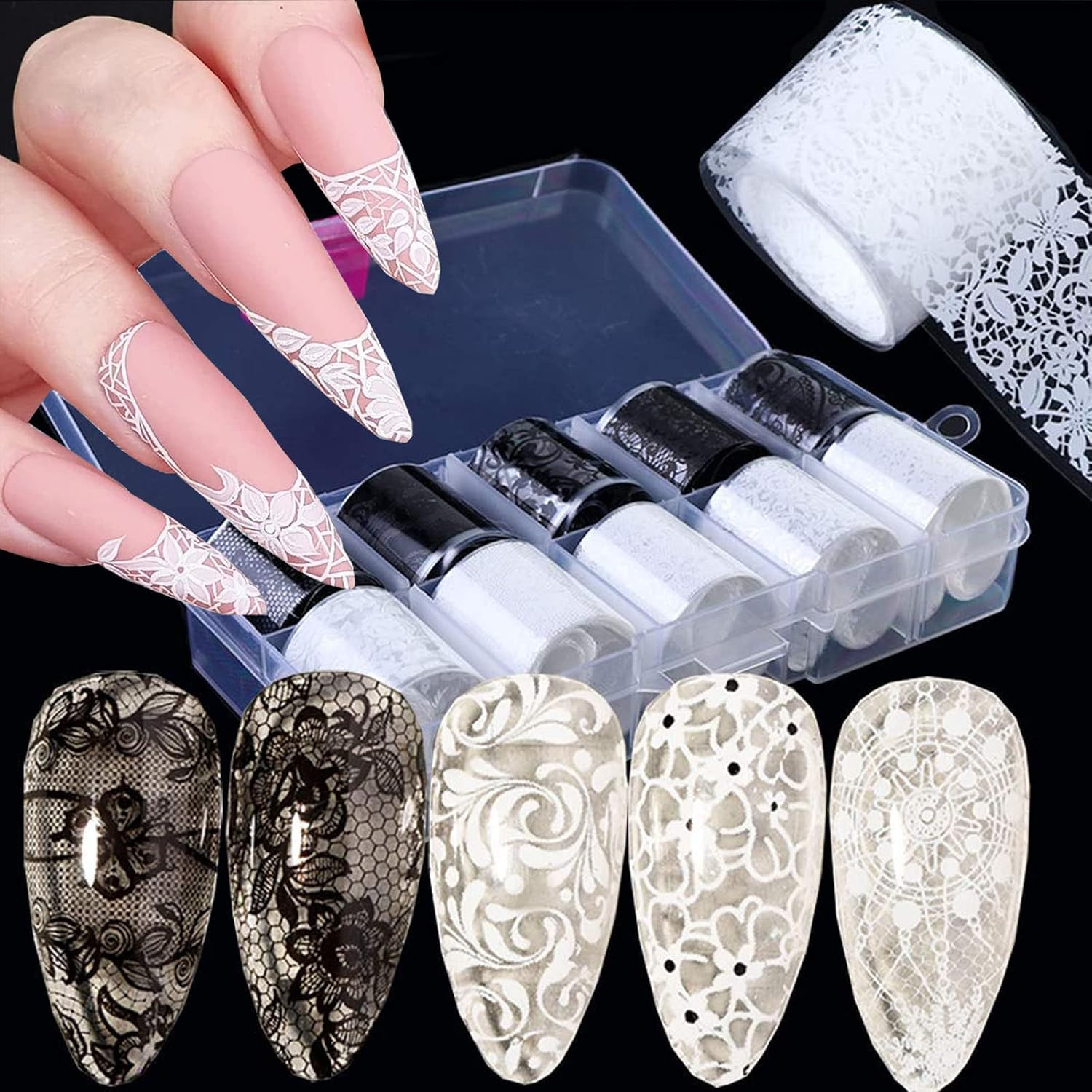 Holographic Nail Foil Transfer Stickers Black White Lace Laser Foils Nail Art Su