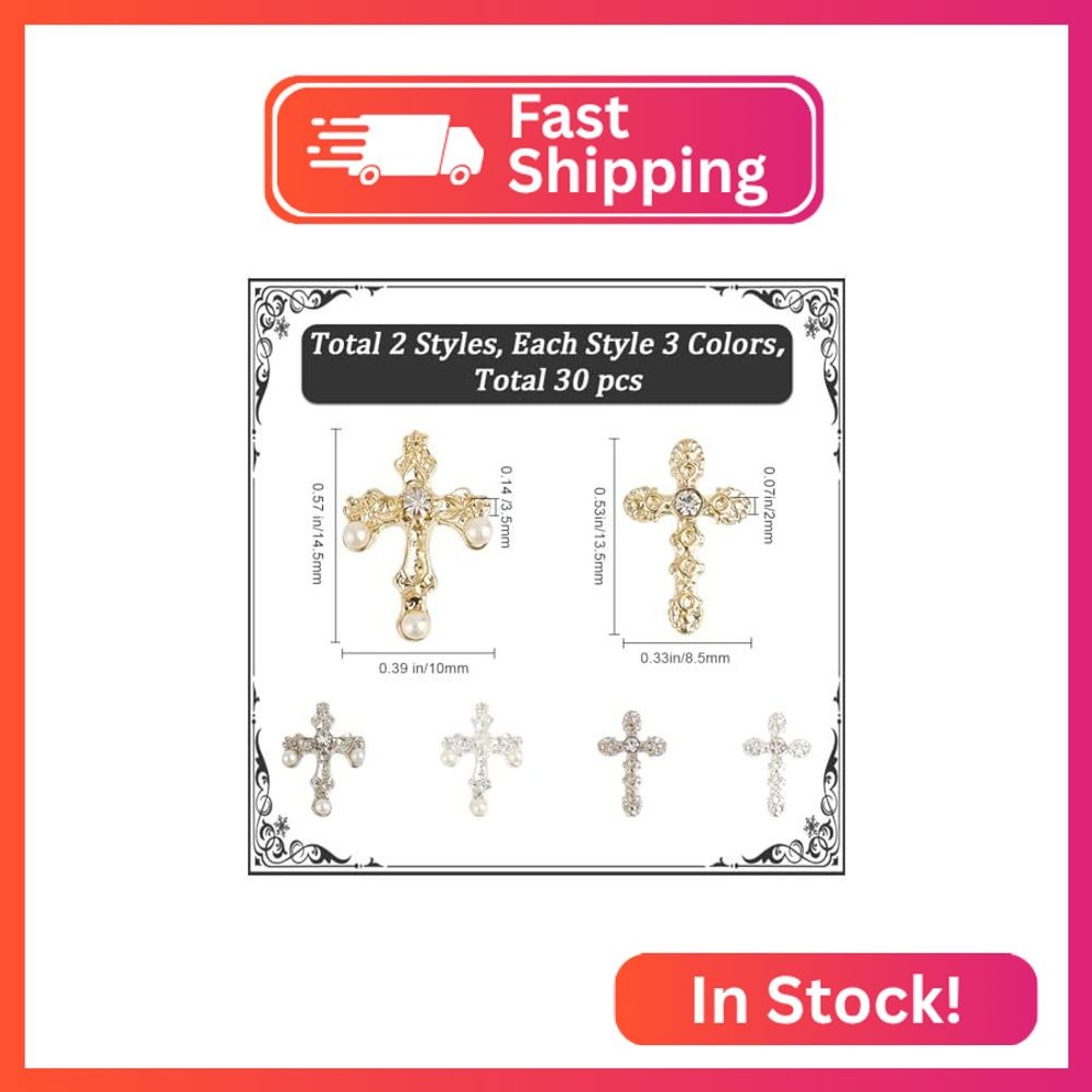 CRASPIRE 30Pcs 6 Styles Cross Nail Charms 3D Y2K Luxury Nail Gems Set Metal Allo
