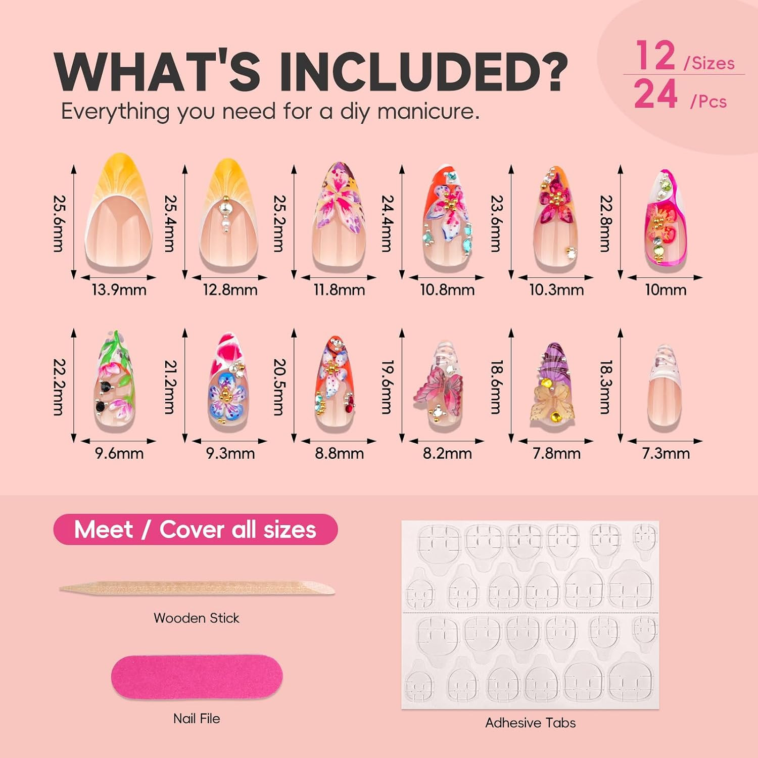 HOSAILY 3D Flower Summer Press on Nails Medium Almond, 24Pcs Colorful Butterfly