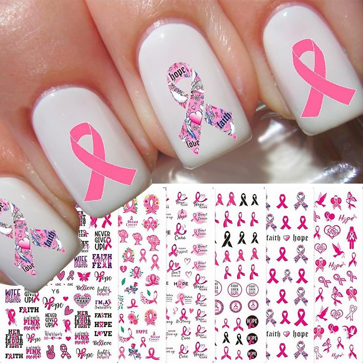 6 Sheets Breast Cancer Nail Art Stickers – 3D Self-Adhesive Heart Letter Nail