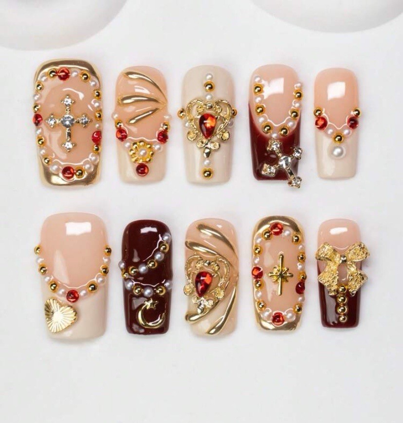 3D Flower Press-On Nails Medium Square Full Cover Red Charm White Blue Set
