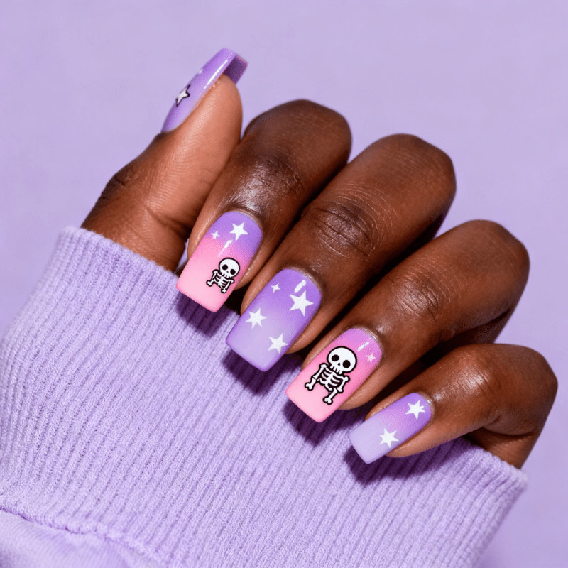 48Pcs-Long Square Pink Purple Gradient Cartoon Skeleton White Star Press on Nail