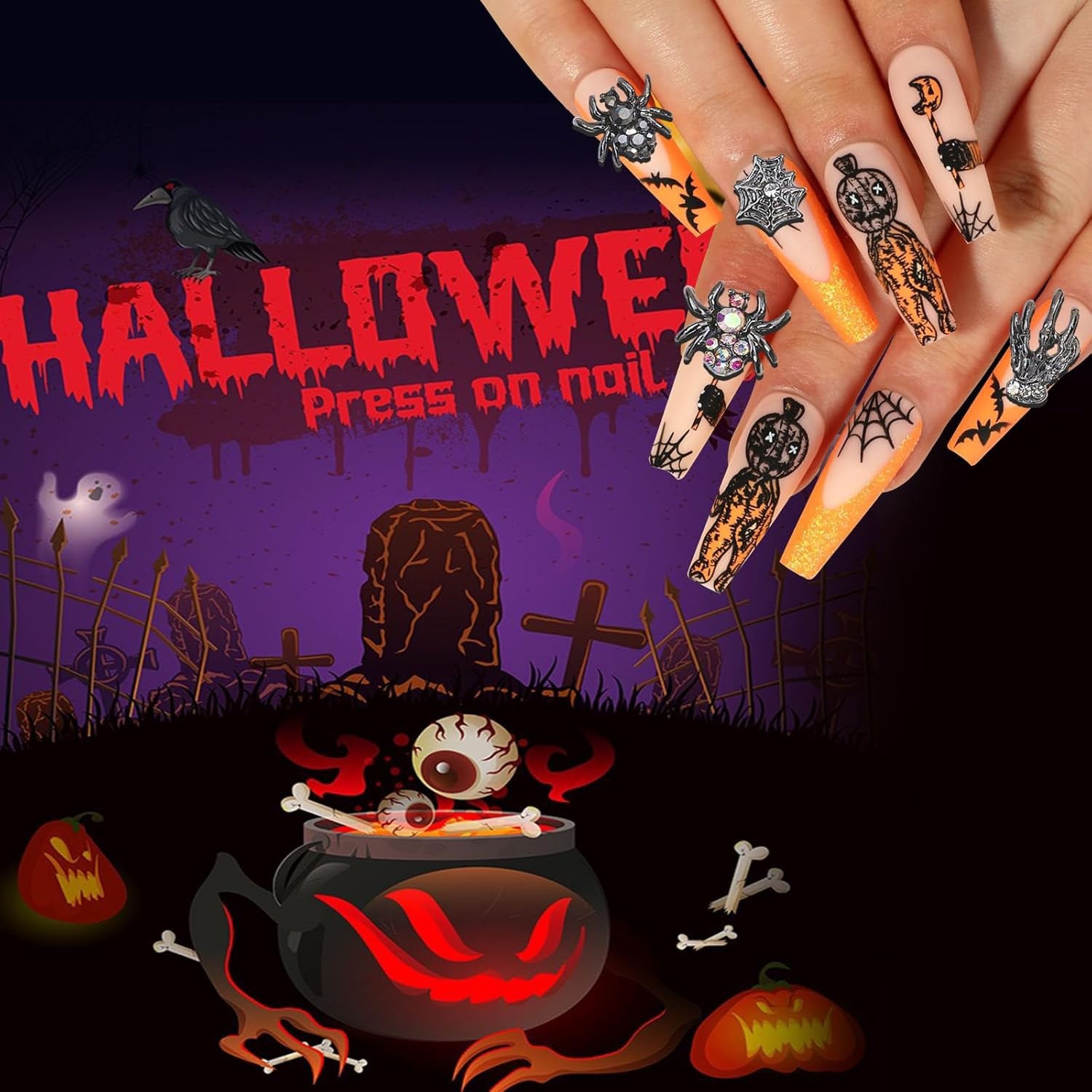 Halloween Nail Charms 3D Spider Hand Alloy Art Supplies Black