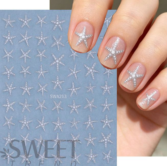 2pcs 3D Summer Ocean Style Glitter Star Nail Stickers Silver Gold Star Design S8