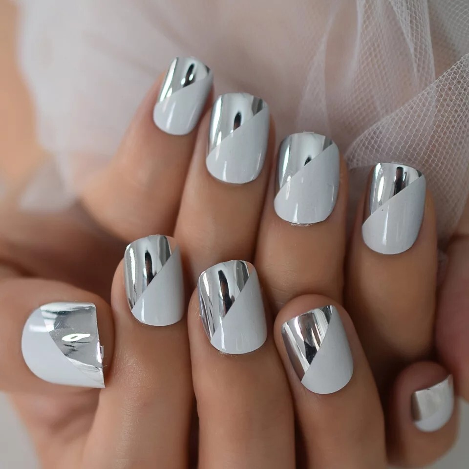 24 Short Silver White chrome Press on nails set with glue shiny metallic mirror