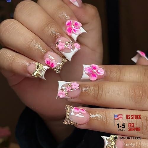 HOSAILY 3D Hot Pink Flower Summer Beach Press on Nails Short Pink Flower Duck