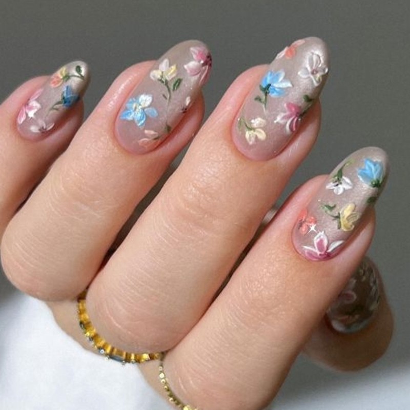 24Pcs Almond Artificial Nail With 3D Floral Effect And Cats Eye Detail