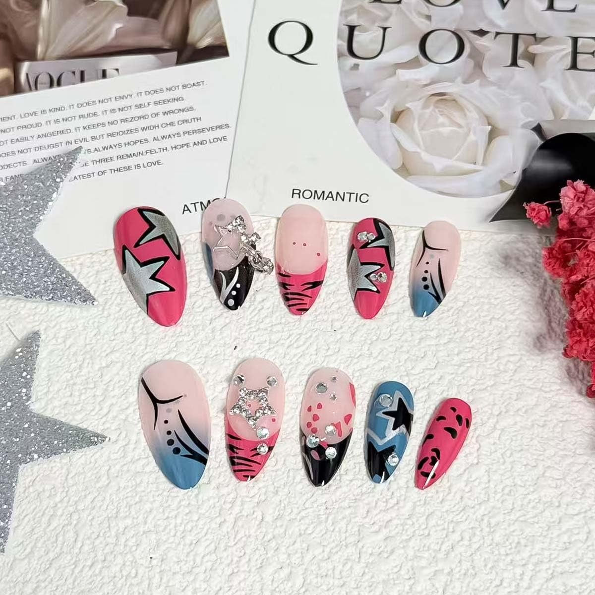 French Tip Press On Nails – Y2K Star Medium Almond Fake Nails with Silver Rhi…