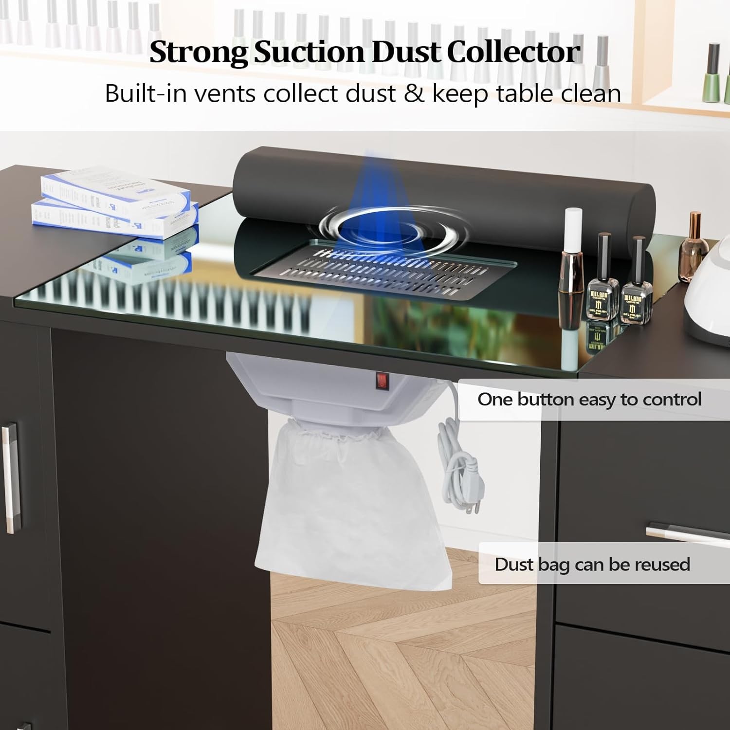 Manicure Table w/ Built-in Dust Collector, Glass Top, Drawers & Wrist Rest Black
