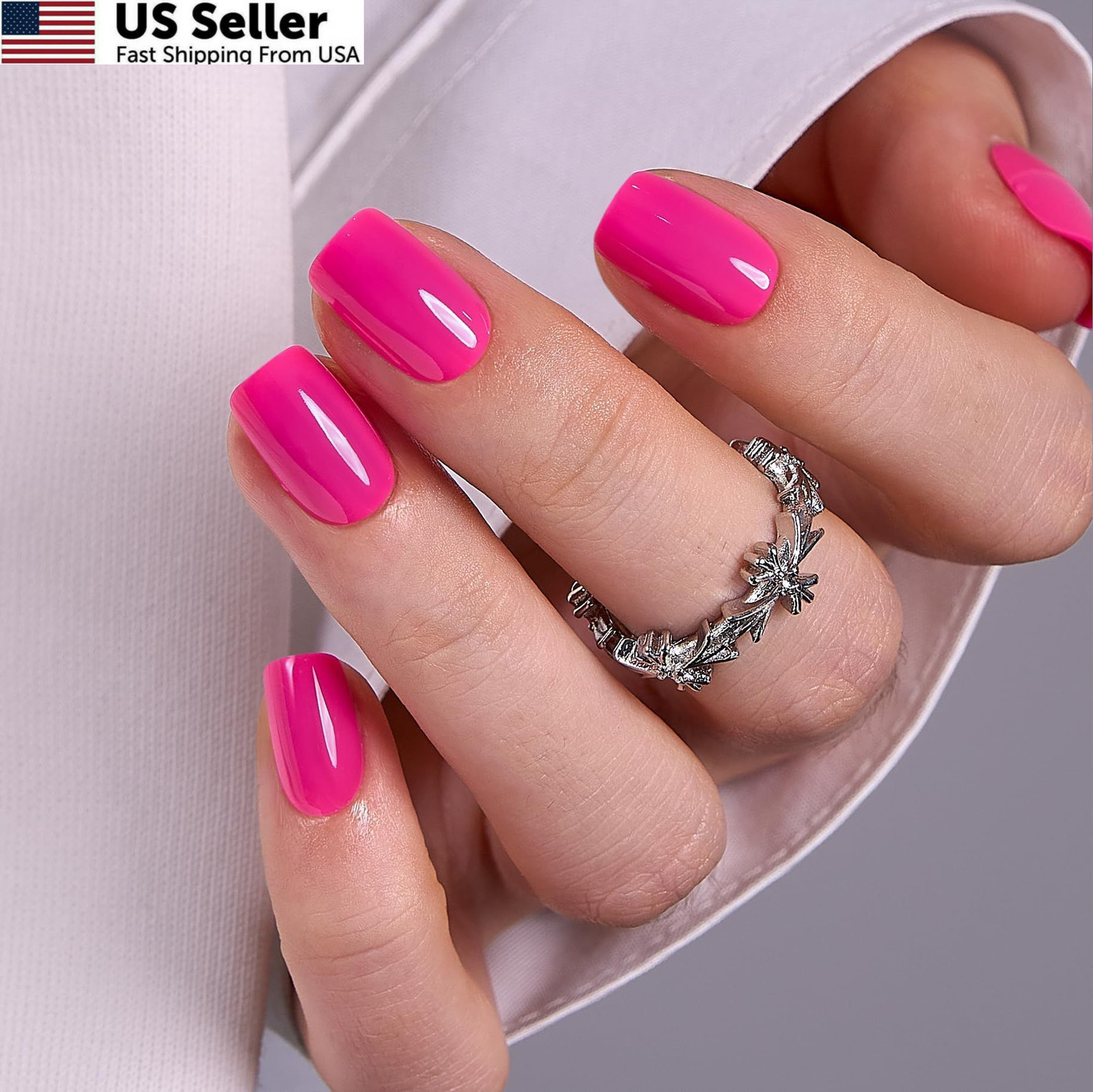CurvLife Soft Gel Press on Nails Short Square, Hot Pink 15.5mm, Bright-Pink