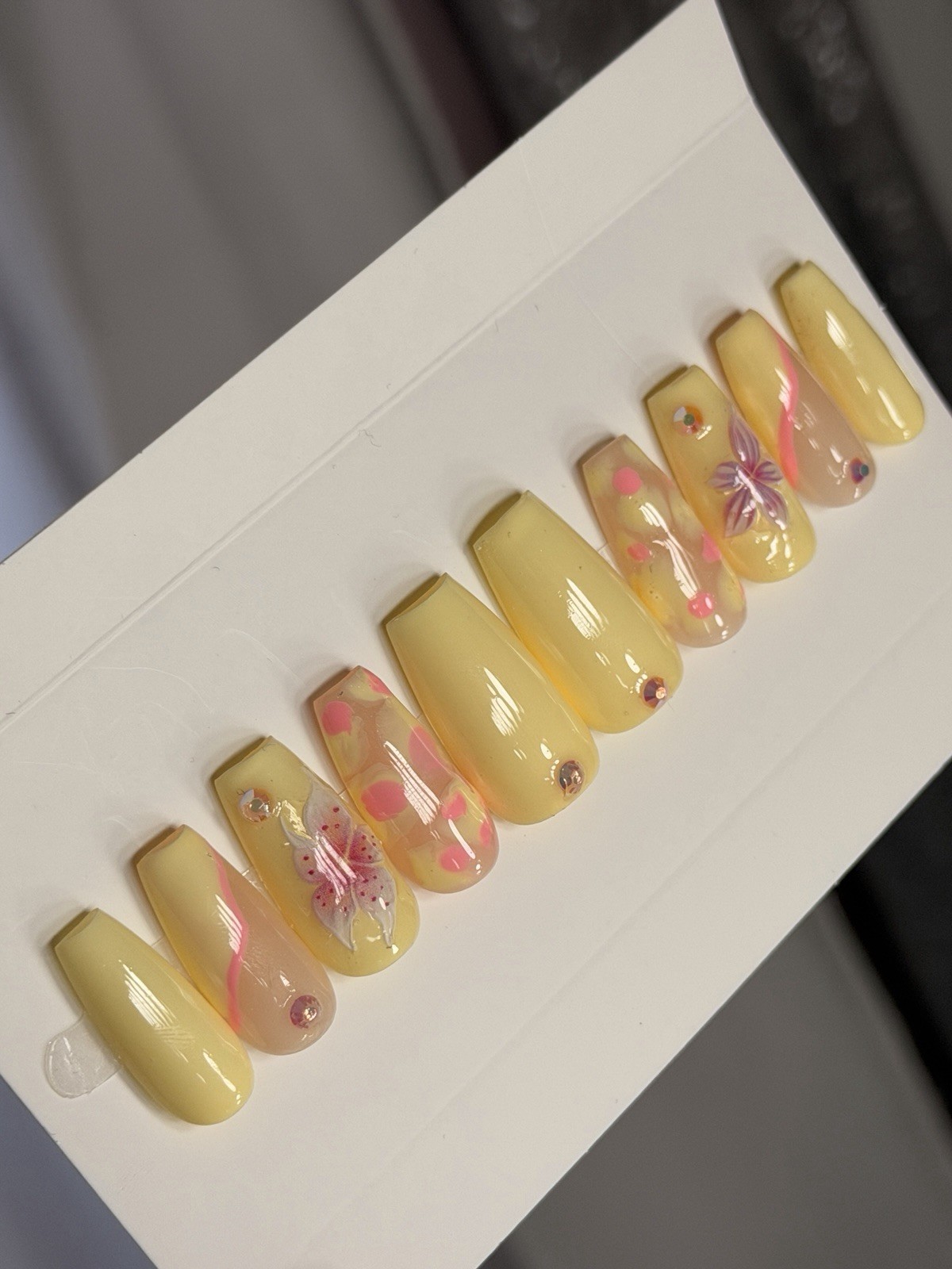 ✨ CUSTOM Press On Nails YELLOW PINK FLOWER BLING Flower 10p SET W Kit