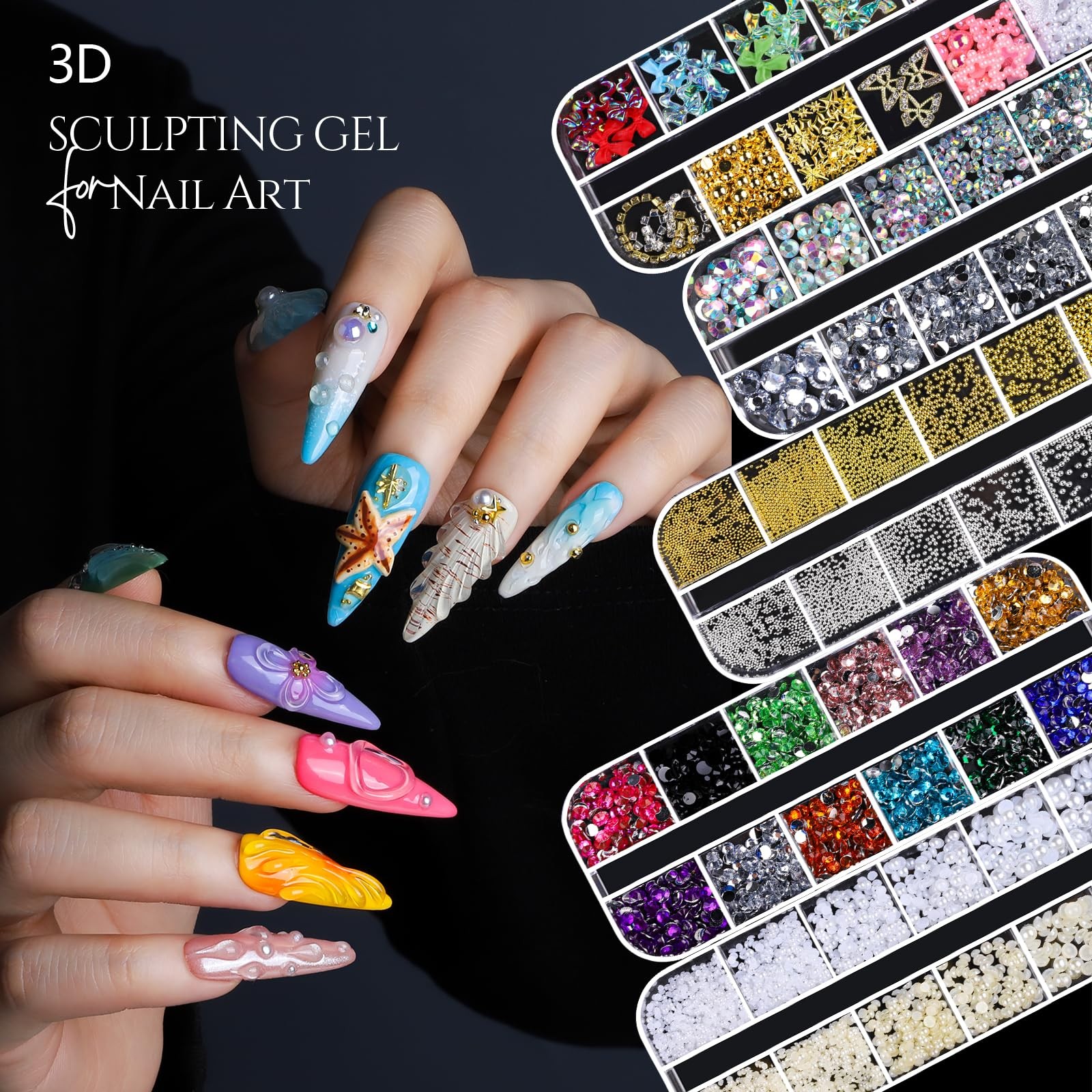 3D Gel Kit, 15g 3D Nail Sculpting Gel, 5 Box Nail Pearls Charms and Gems Clea…