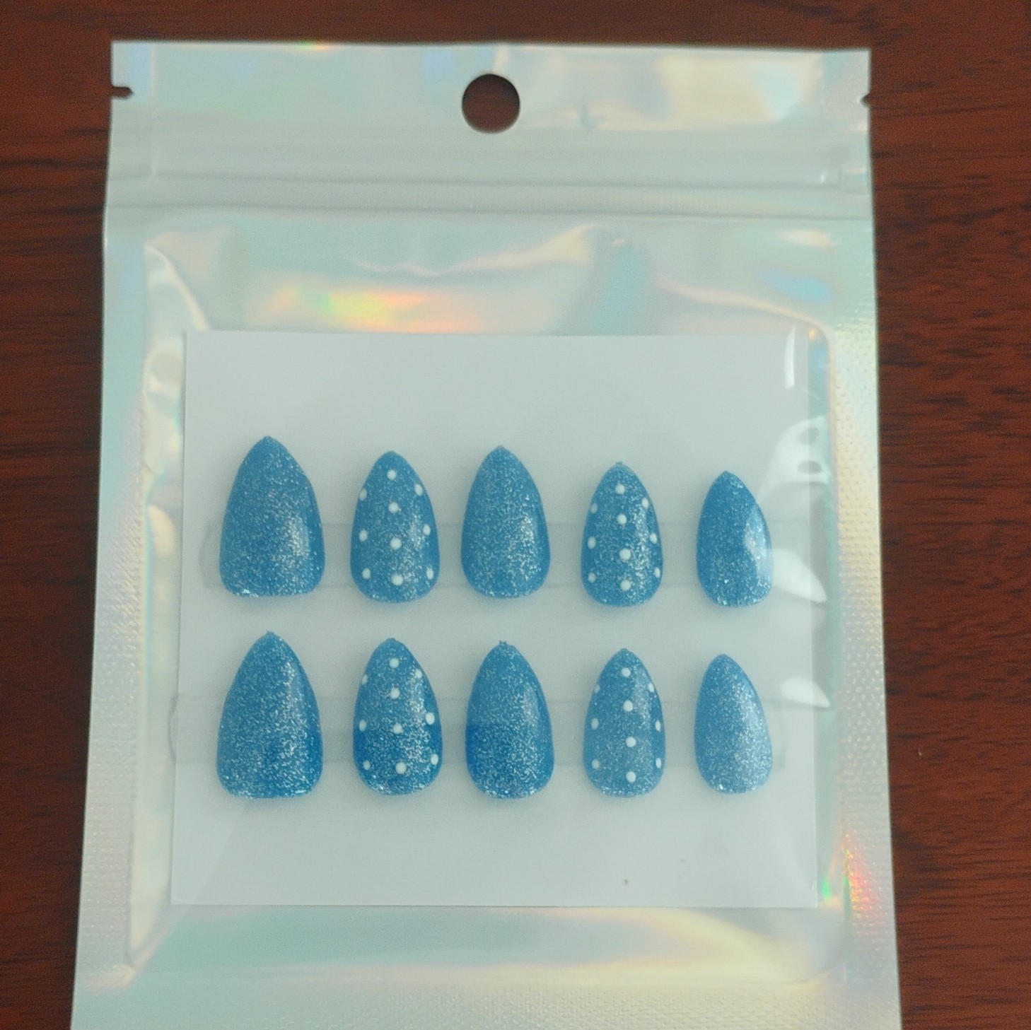Hand painted Almond All Size Press-on Nails, Blue And Polka Dots