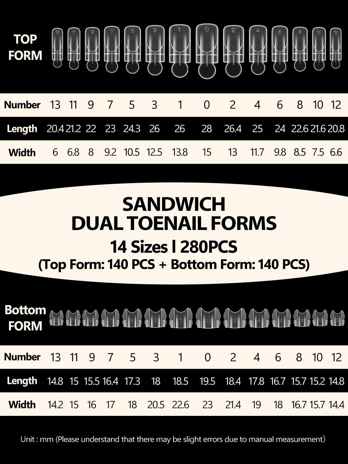 280Pcs Square Short Toe Nail Dual Forms for Quick Extensions, 15 Sizes, No Paper