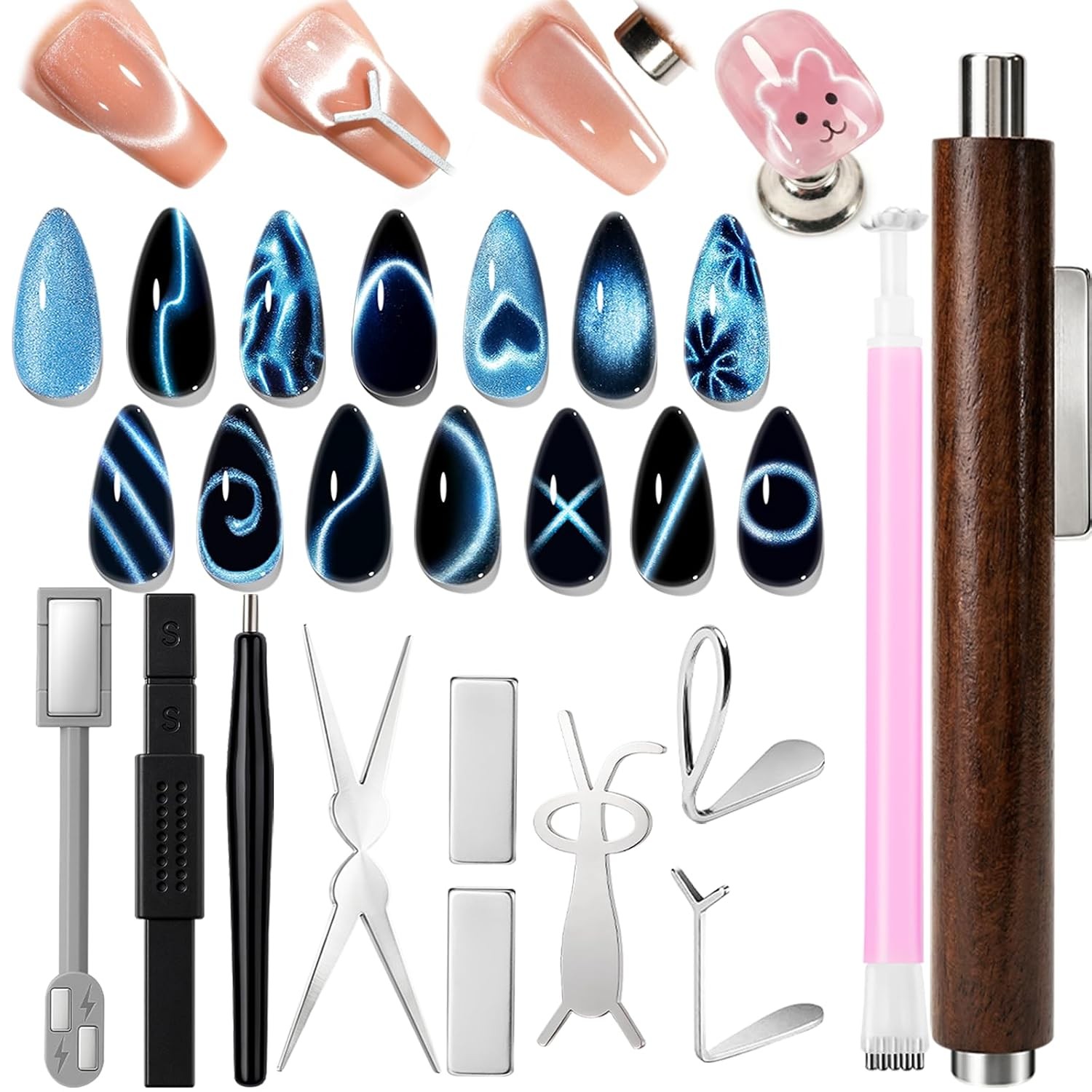 AZUREBEAUTY 11Pcs Cat Eye Magnet Kit, 3-in-1 Wooden Nail Pen | Cylinder Magnet c