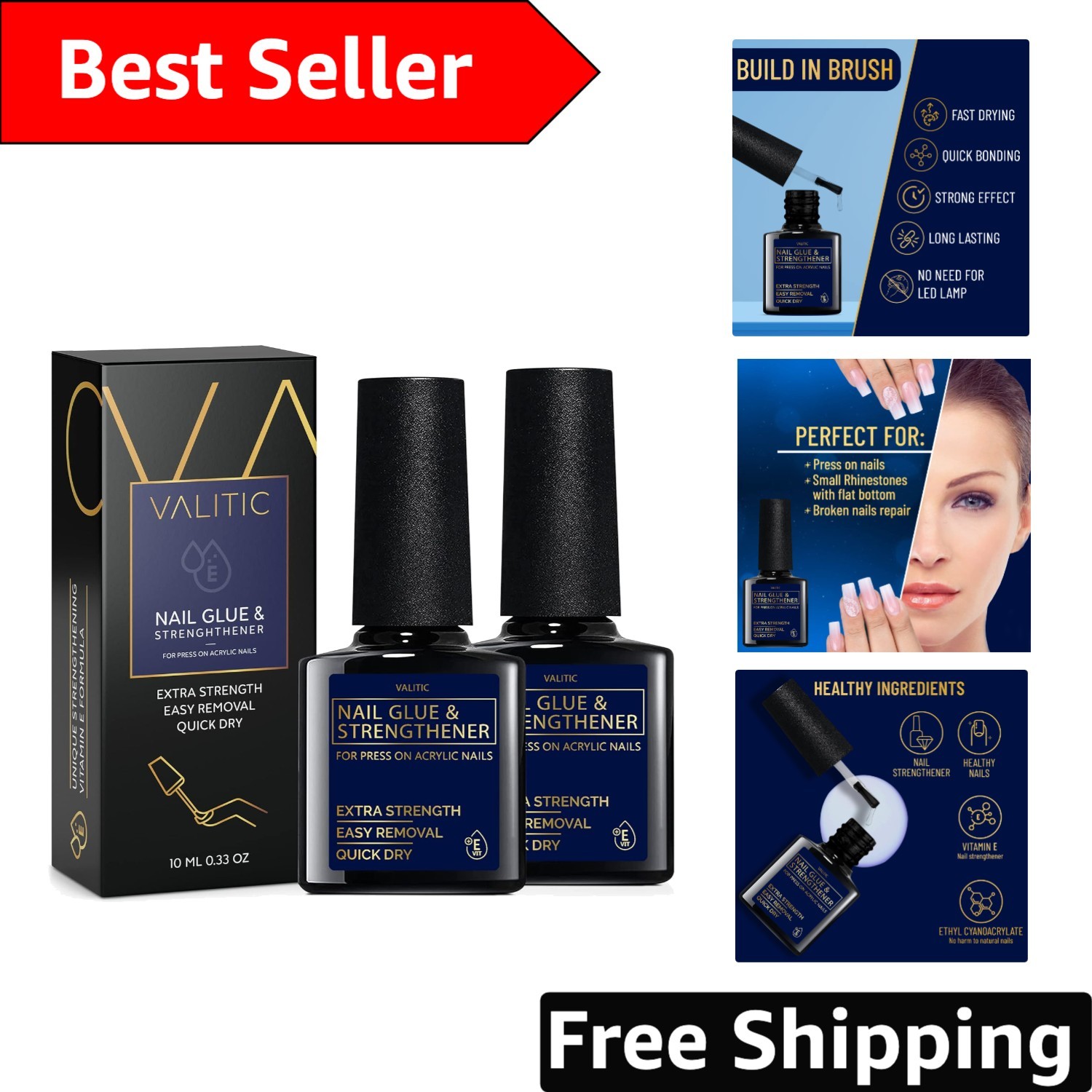 2-Pack Quick Dry Brush-On Nail Glue for Acrylic & Press-On Nails with Vitamin E