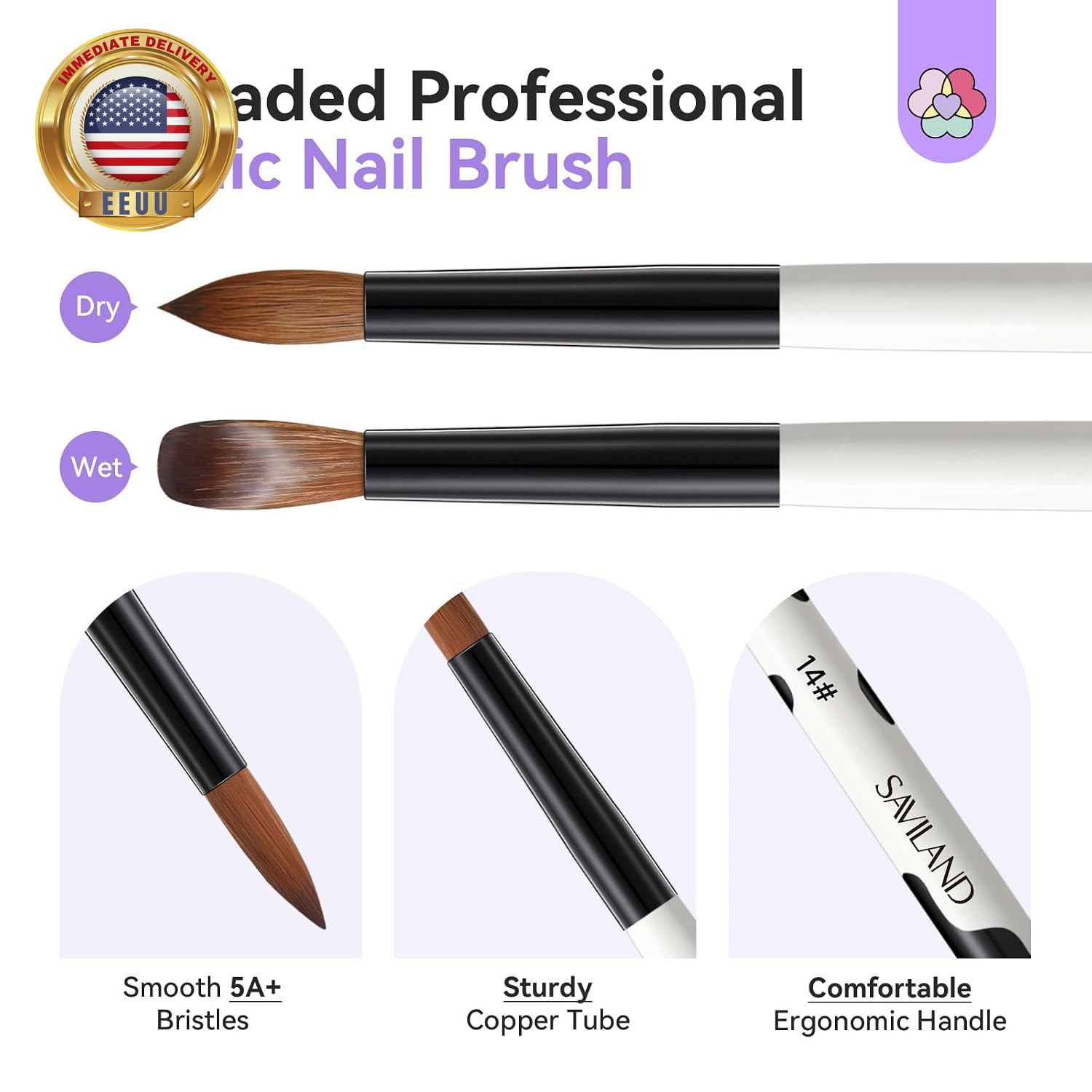 3Pcs Acrylic Nail Brush Set, Size 8/10/14 Kolinsky Acrylic Nail Brushes for Acry