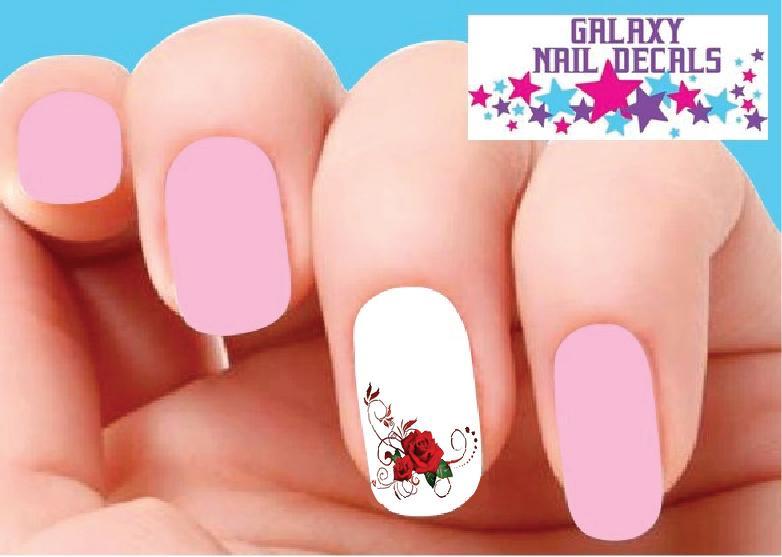 Waterslide Flowers Nail Decals – Set of 20 Red Roses Corner with Swirls Scrolls