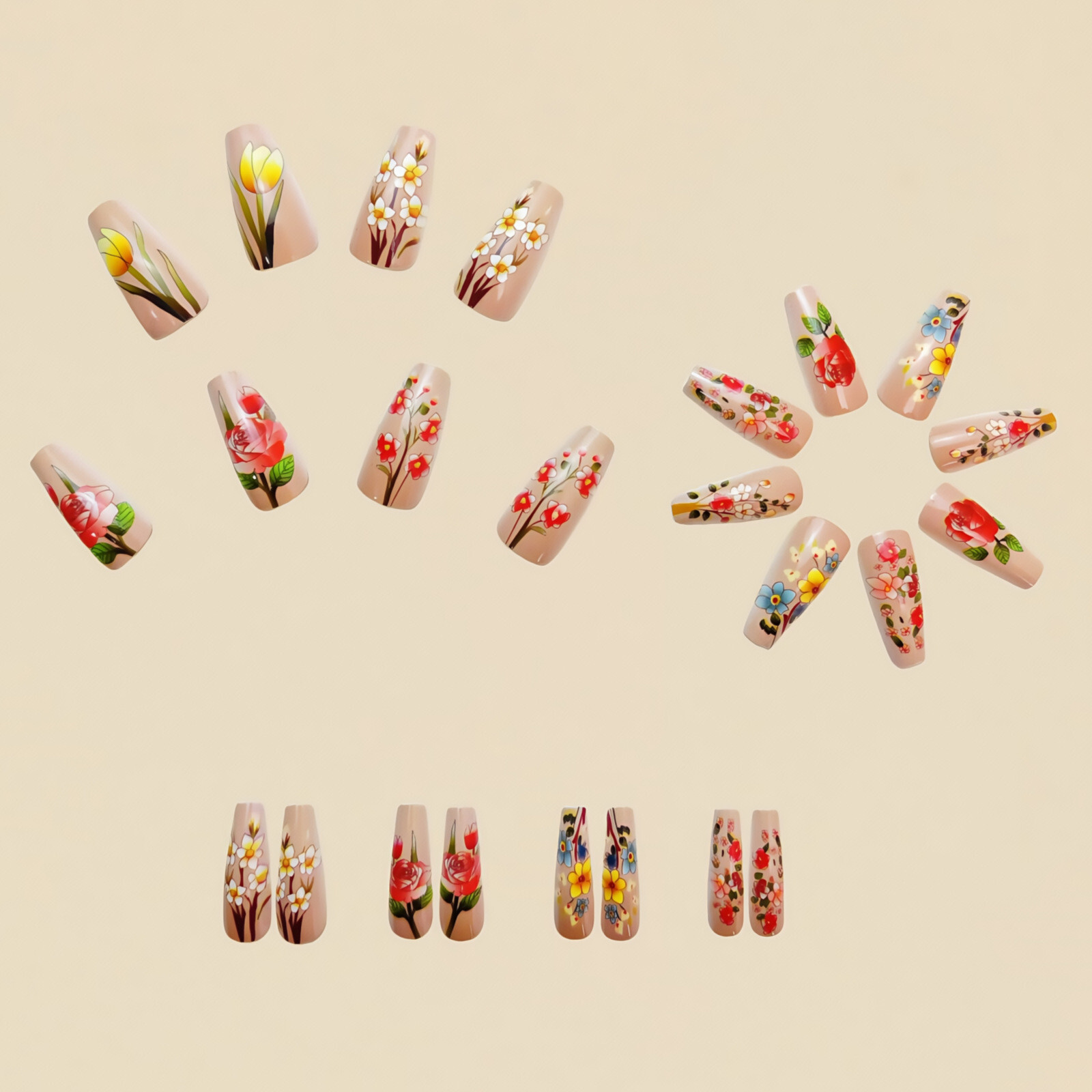 4 set （24Pcs/set ）Flowers False Nail Art Full Cover Artificial Fake Nails