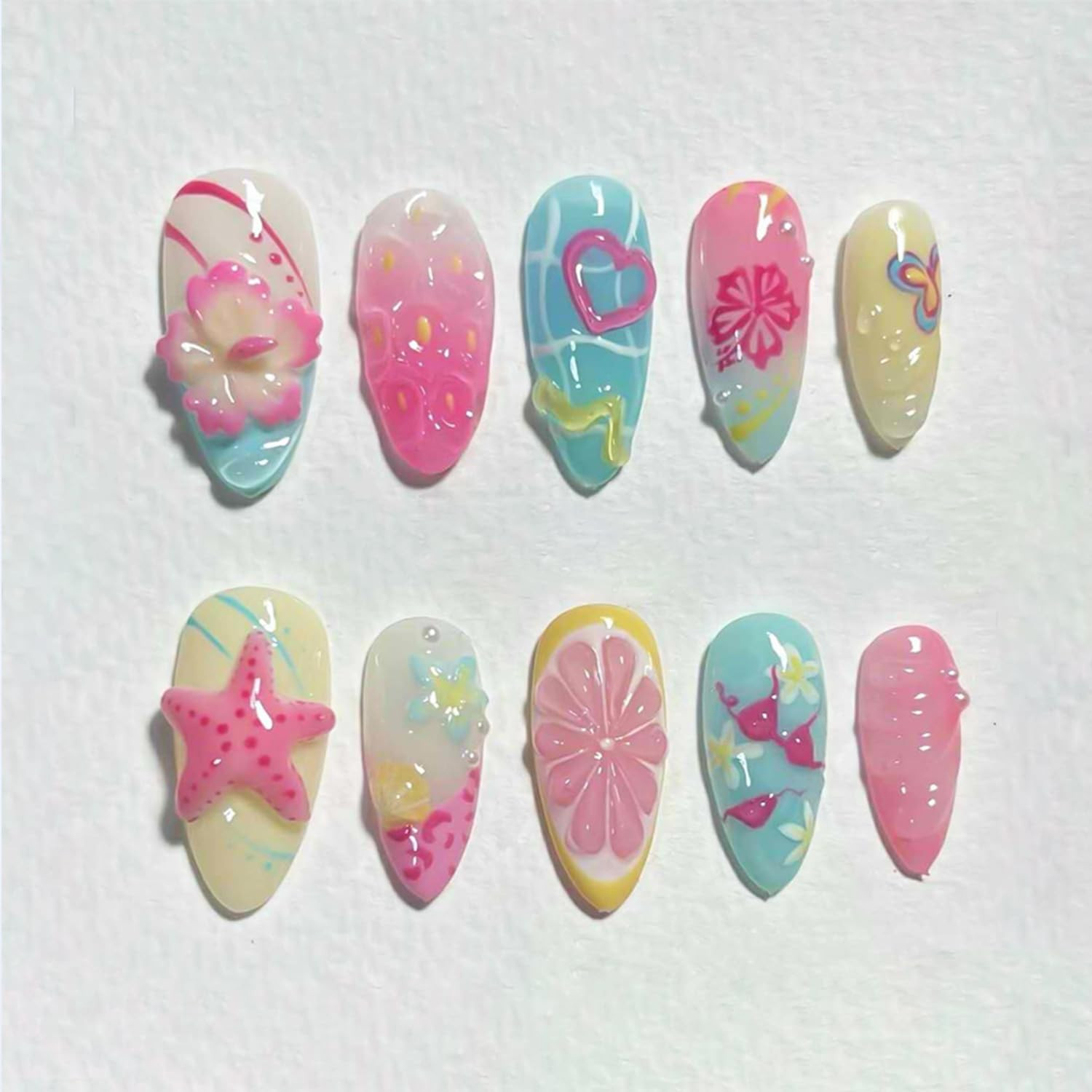 24Pcs Glitter Green Press on Nails Medium Almond Fake Nails with 3D Green Leaves