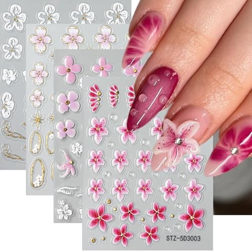 4Sheets Flower Nail Art Stickers Decals 5D Embossed Flowers Sticker Flower-2