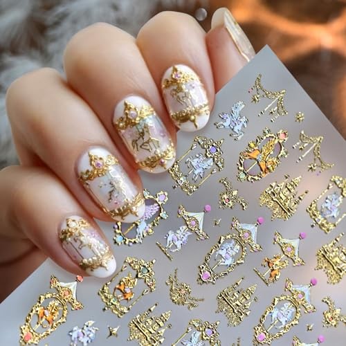 Gold Nail Stickers Horse Nail Decals Carousel with Design 5D Gold Horse